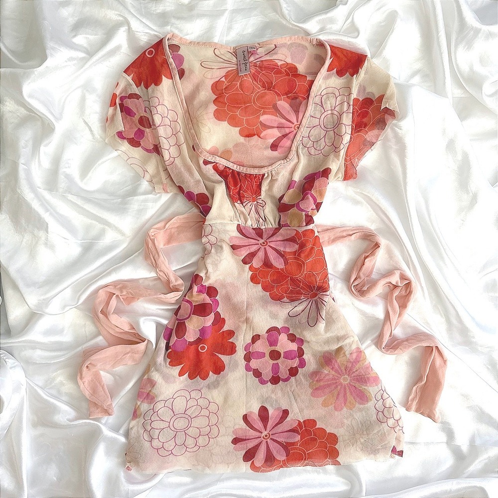Sweet Pea by Stacy Frati Mesh Floral Top Pink Orange Y2K Empire Waist Medium